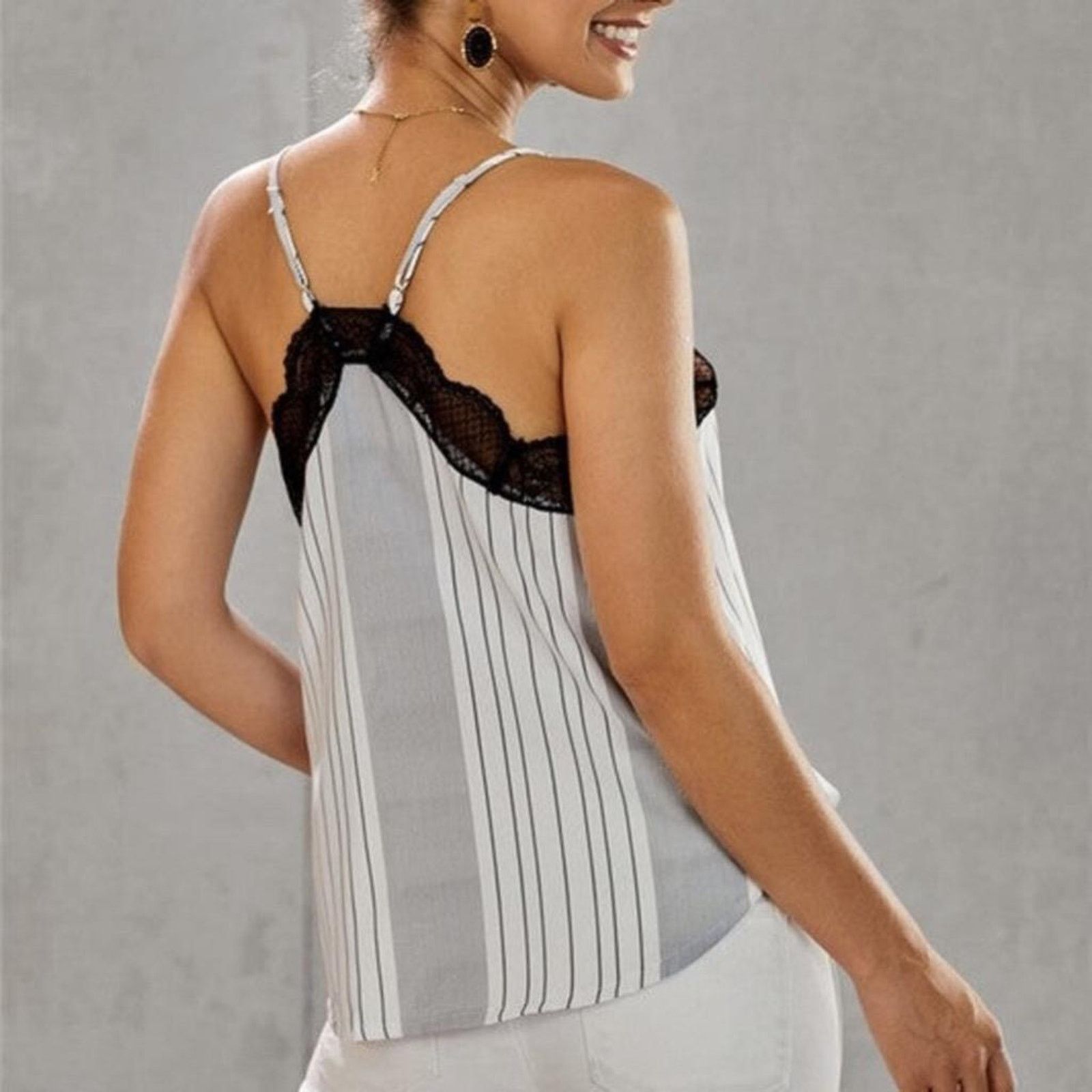 Other NEW Black White Stripe Lace V-Neck Racerback Blouse Top Size S / US 4 / IT 40 - 6 Thumbnail