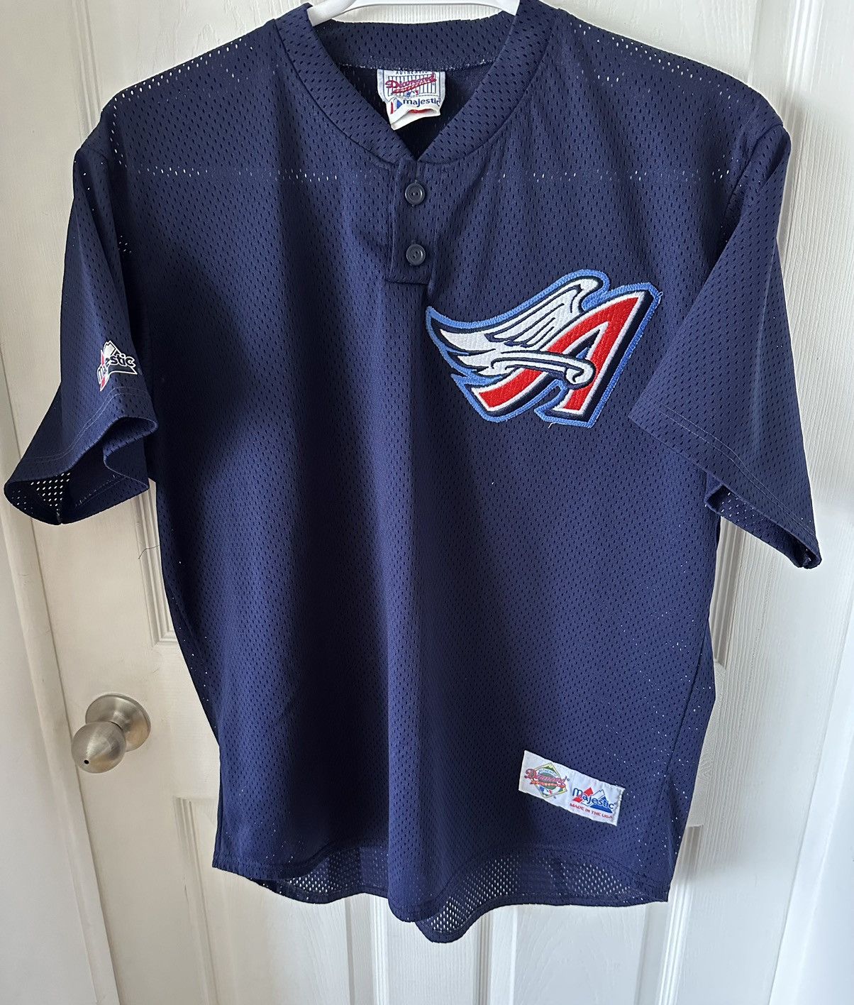 image of Majestic x Mlb Vintage 90's Anaheim Angels "halo" Mesh Baseball Jersey in Blue, Men's (Size XL)