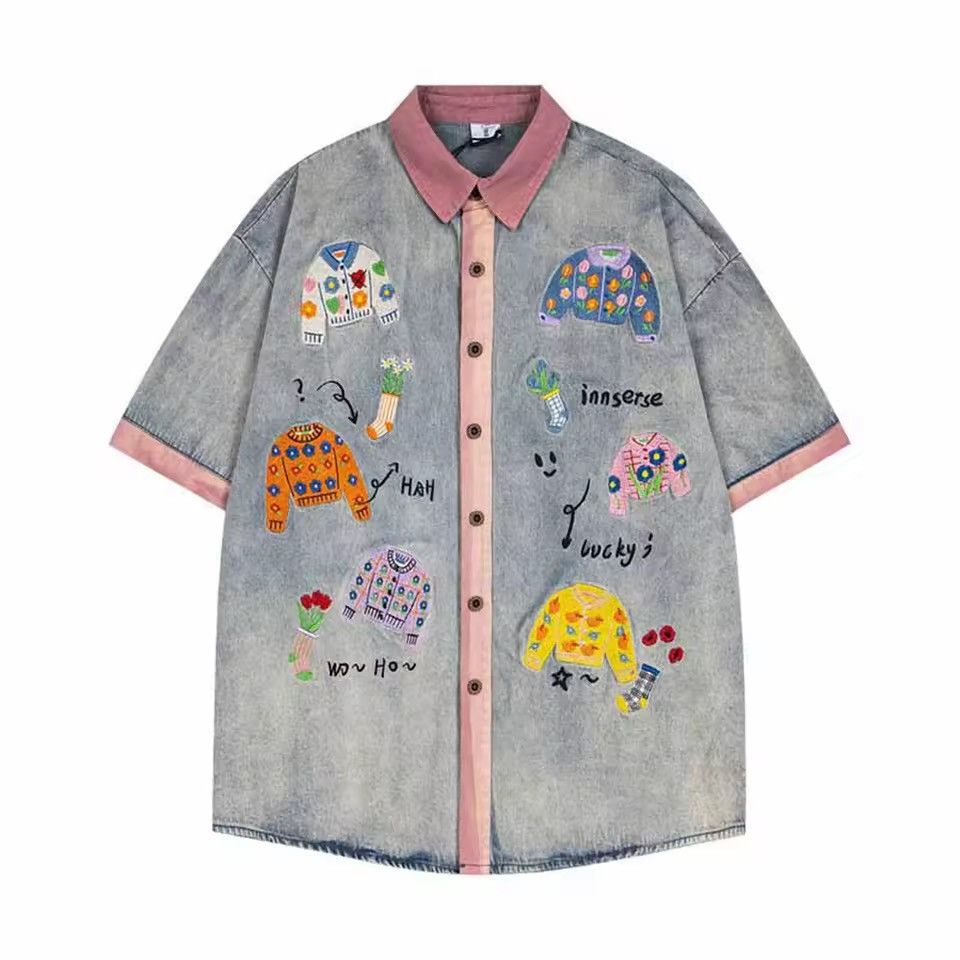 Japanese Brand Washed Printed Summer Hawaiian Vintage Denim Shirt Blouse Size US L / EU 52-54 / 3 - 1 Thumbnail