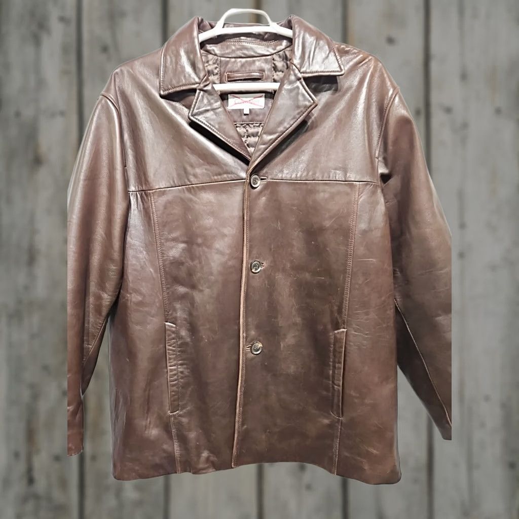 Calvin Klein VTG Calvin Klein Leather Long Jacket Coat Mens XL 4 Button Brown Leather Blazer Vintage Parka Short Shoulder 22" Mapprox Mens Size US XL / EU 56 / 4 - 1 Thumbnail