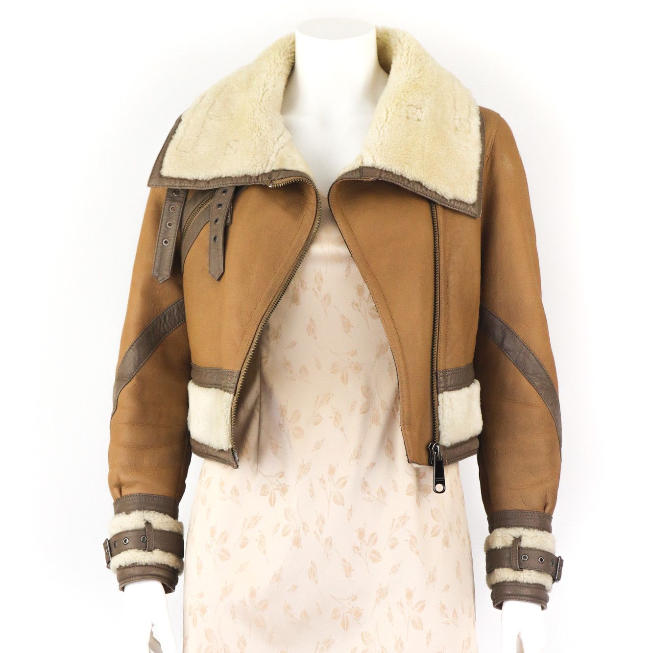 image of Burberry Blue Label Sheepskin Shearling Aviator Jacket in Tan/Beige, Women's (Size XS)