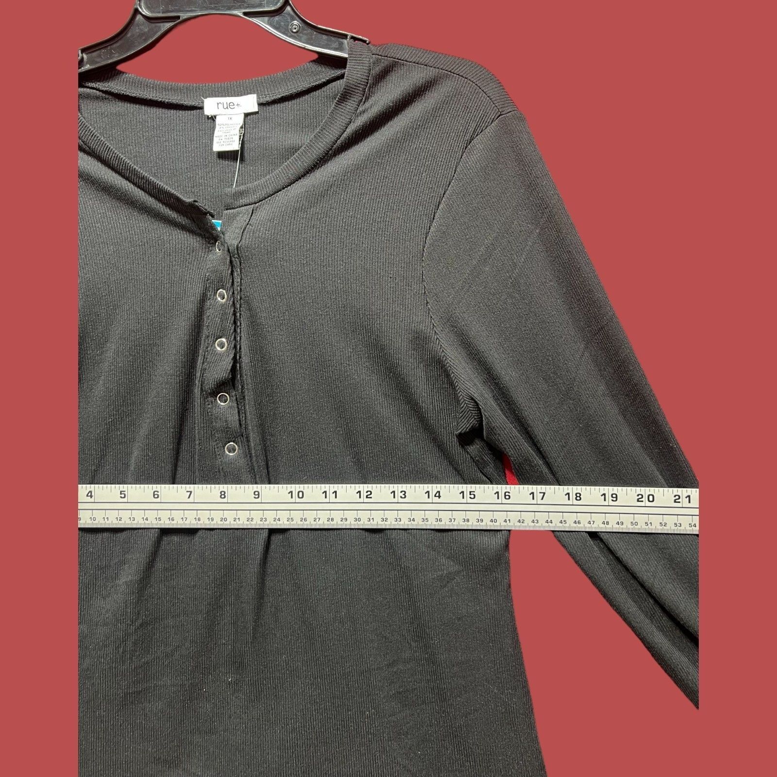 Other Rue + - Women's Fitted Long Sleeve Henley Tee - Black - 1X Size XL / US 12-14 / IT 48-50 - 5 Thumbnail