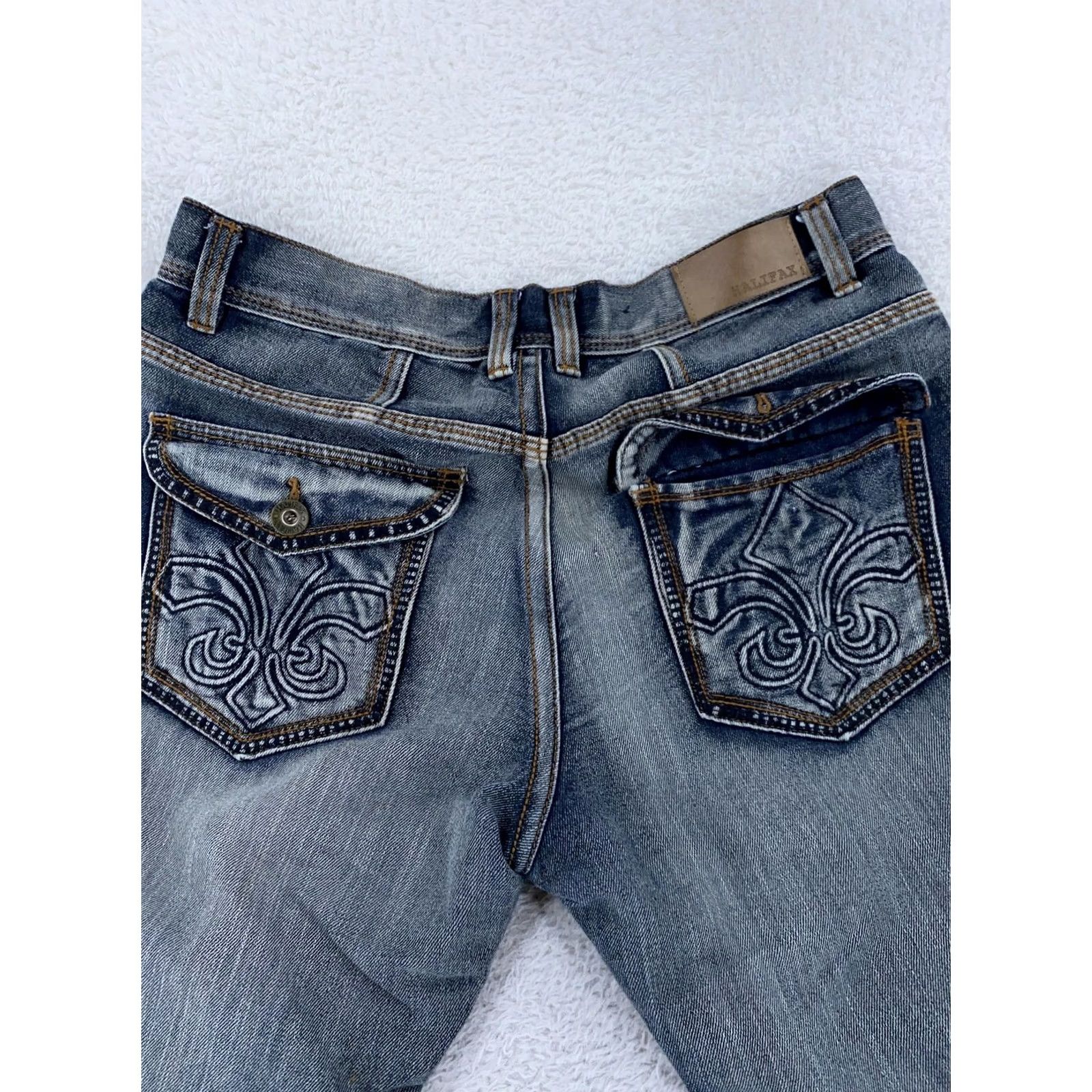 Vintage Halifax Jeans ACTUAL 32x28 Denim Pockets Fleur de Lis Distressed Blue Jeans Mens Regular 32x28 Size US 32 / EU 48 - 2 Thumbnail