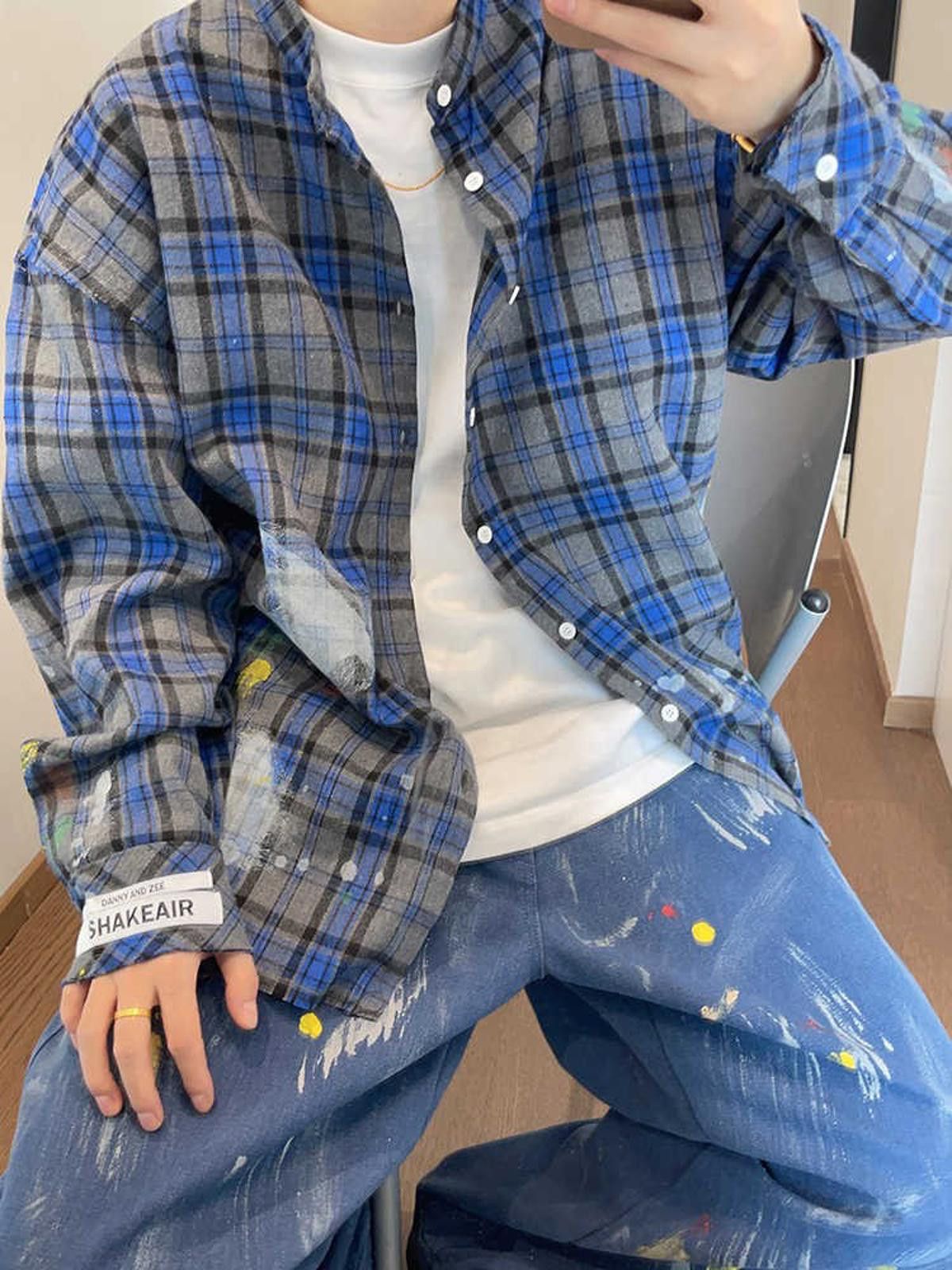 Flannel × Vintage Blue Plaid Oversized Paint Splash Button-Up Shirt Size US M / EU 48-50 / 2 - 1 Thumbnail
