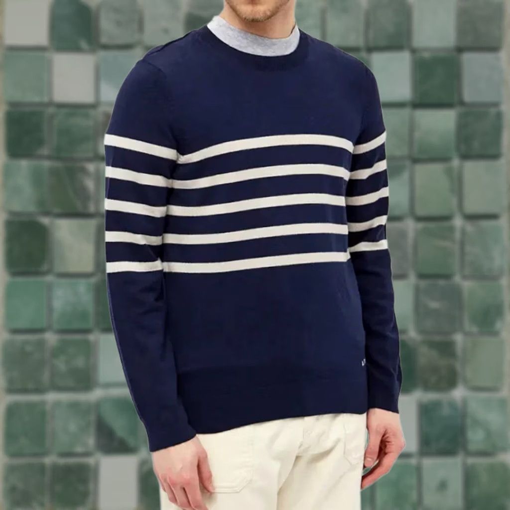 A.P.C. A.P.C. Maceo Stripe Knit Sweater Men 2XL Navy Cashmere Cotton Blend Designer Pullover Crew Neck Long Sleeve Casual Winter Fall Spring Womens? Mens Size US XXL / EU 58 / 5 - 1 Thumbnail