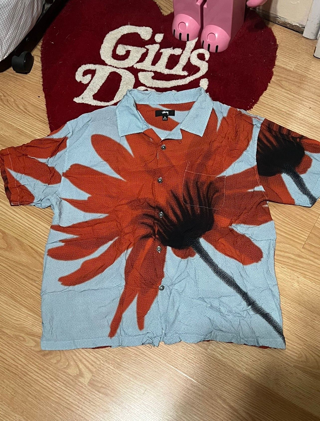 Pre-owned Stussy Halftone Flower Shirt Red/light Blue Xl
