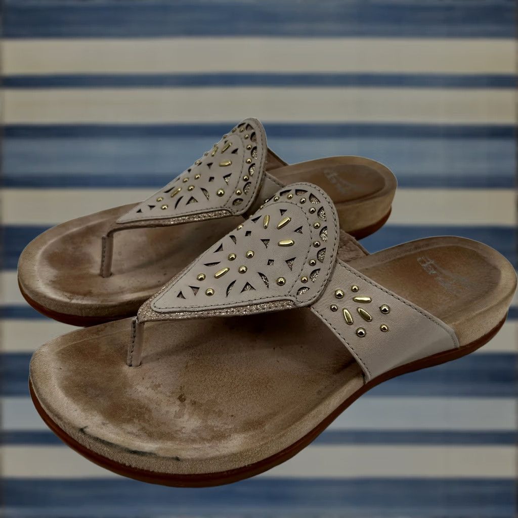 Dansko VINTAGE Dansko Benita Flip Flop Sandal 38 Ivory Leather Studded Laser Cut Thong Sandals Womens Size US 8 / IT 38 - 1 Thumbnail