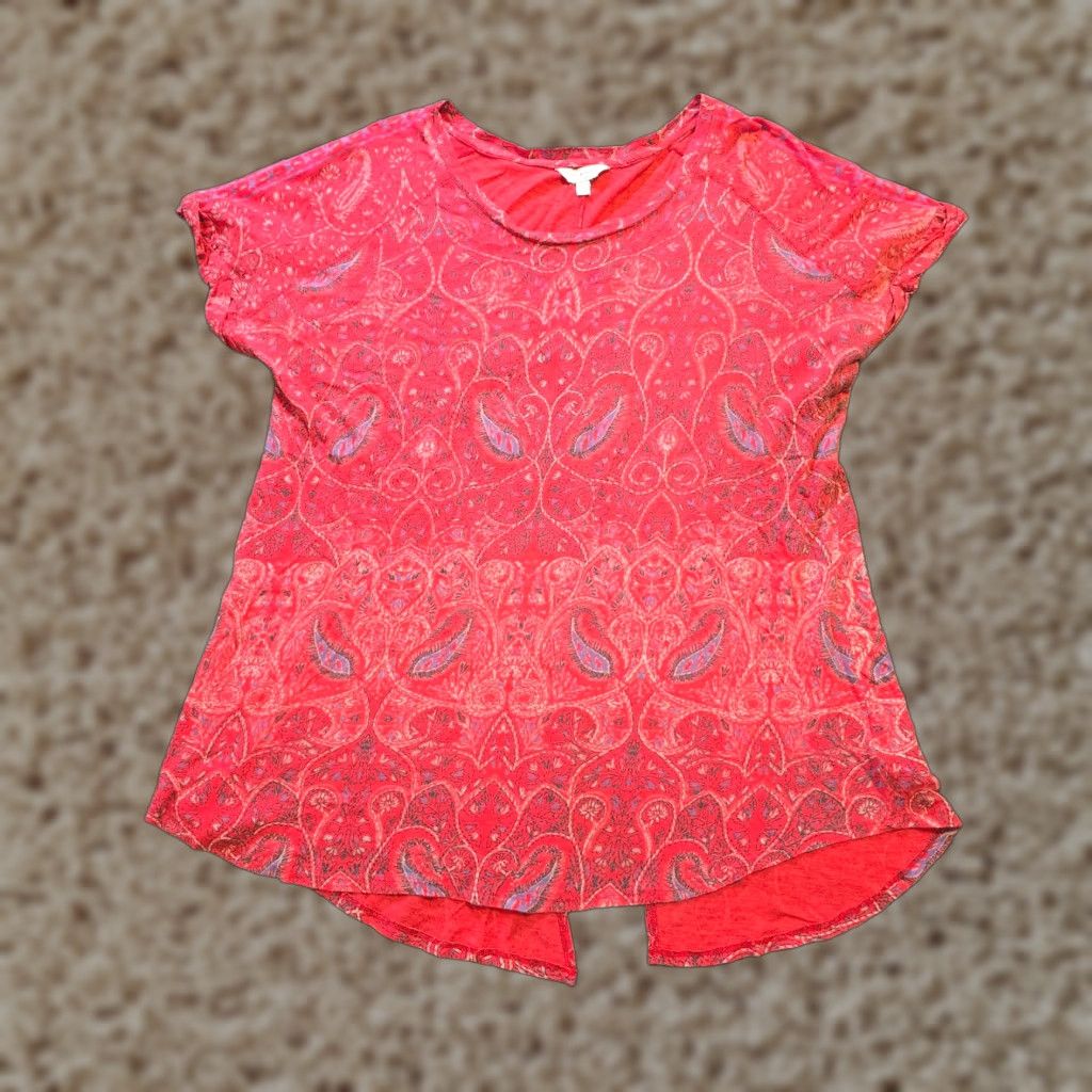 Lucky Brand Lucky Brand Top Womens 1X Red Paisley Round Neck Short Sleeve Casual Boho Shirt Womens Size XL / US 12-14 / IT 48-50 - 1 Thumbnail
