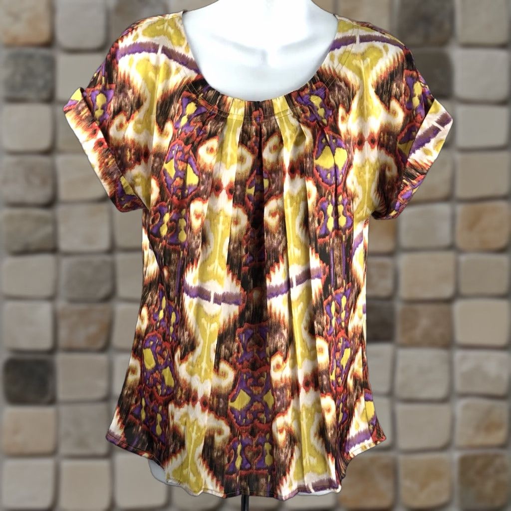 Essentials Essentials BoHo satin top L purple/yellow mod print pleated Neck Cuff ShortSleeve Retro Geometric Multicolor Women Blouse Size L / US 10 / IT 46 - 1 Thumbnail