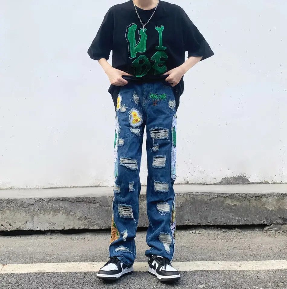 Japanese Brand Embroidered patchwork straight leg jeans Size US 32 / EU 48 - 6 Thumbnail