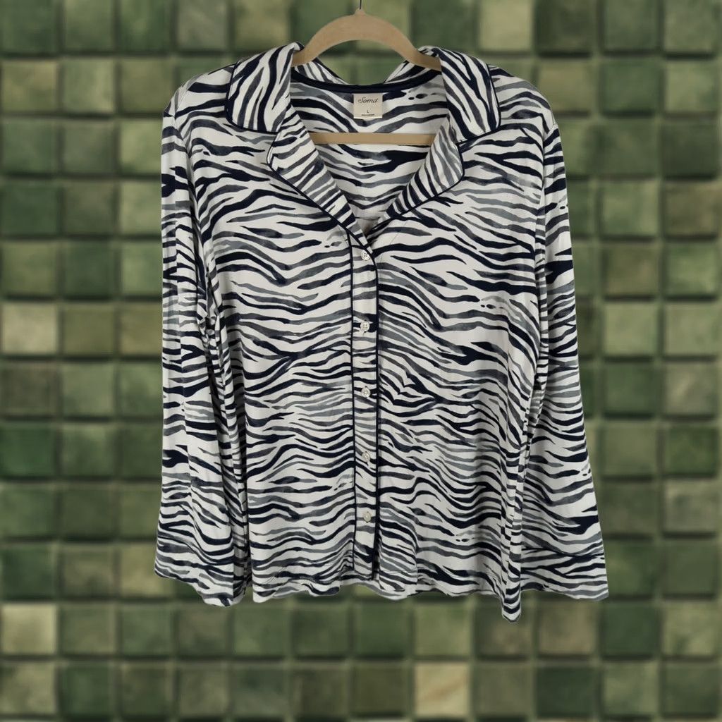Vintage Soma Pajama Top Womens Zebra Print Long Sleeves Button Up Large L Knit Spandex Rayon Black Zebra Theme Button Closure Collar Vintage: No Size L / US 10 / IT 46 - 1 Thumbnail