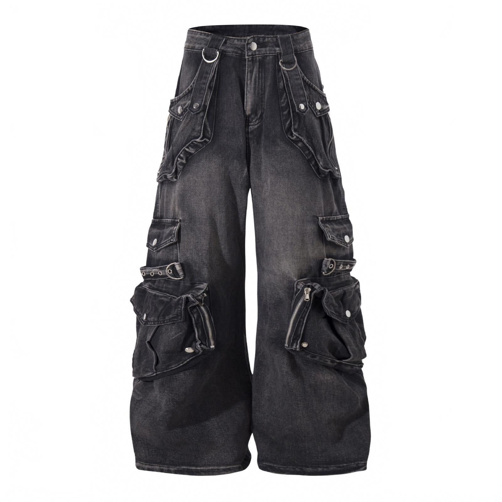 Japanese Brand Black Wide Leg Cargo Denim Pants, Baggy Cargo Jeans Size US 28 / EU 44 - 1 Thumbnail