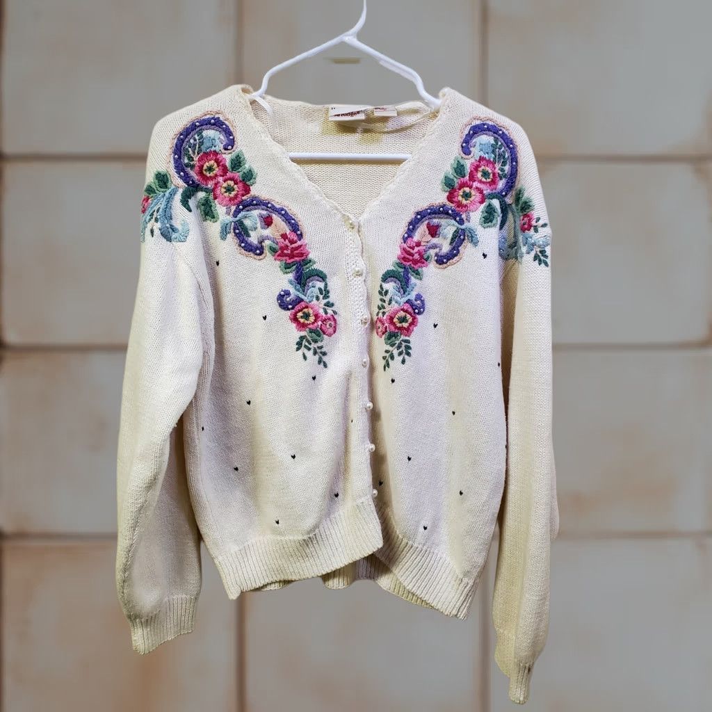 Vintage VINTAGE Huntington Ridge Cardigan Sweater Women's L White Floral Puff Sleeve 1990s Crochet Beaded Embroidered Knit Cardigan Size L / US 10 / IT 46 - 1 Thumbnail