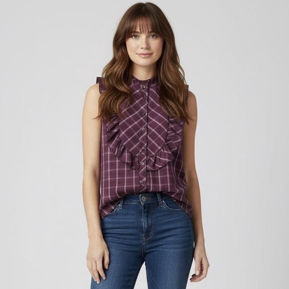 Other Purple Plaid Ruffled Front Sleeveless Blouse - Large Size L / US 10 / IT 46 - 1 Thumbnail