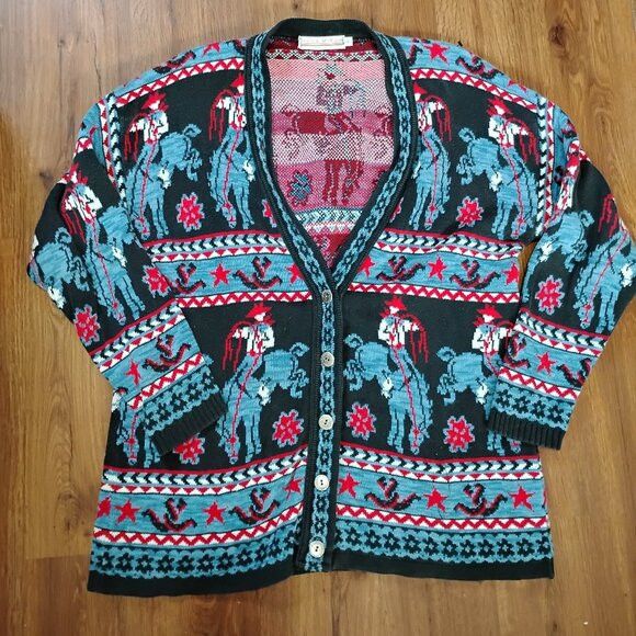 Other Vintage Delia McKain Cowboy Rodeo Novelty Cardigan Sweater Size L / US 10 / IT 46 - 2 Thumbnail