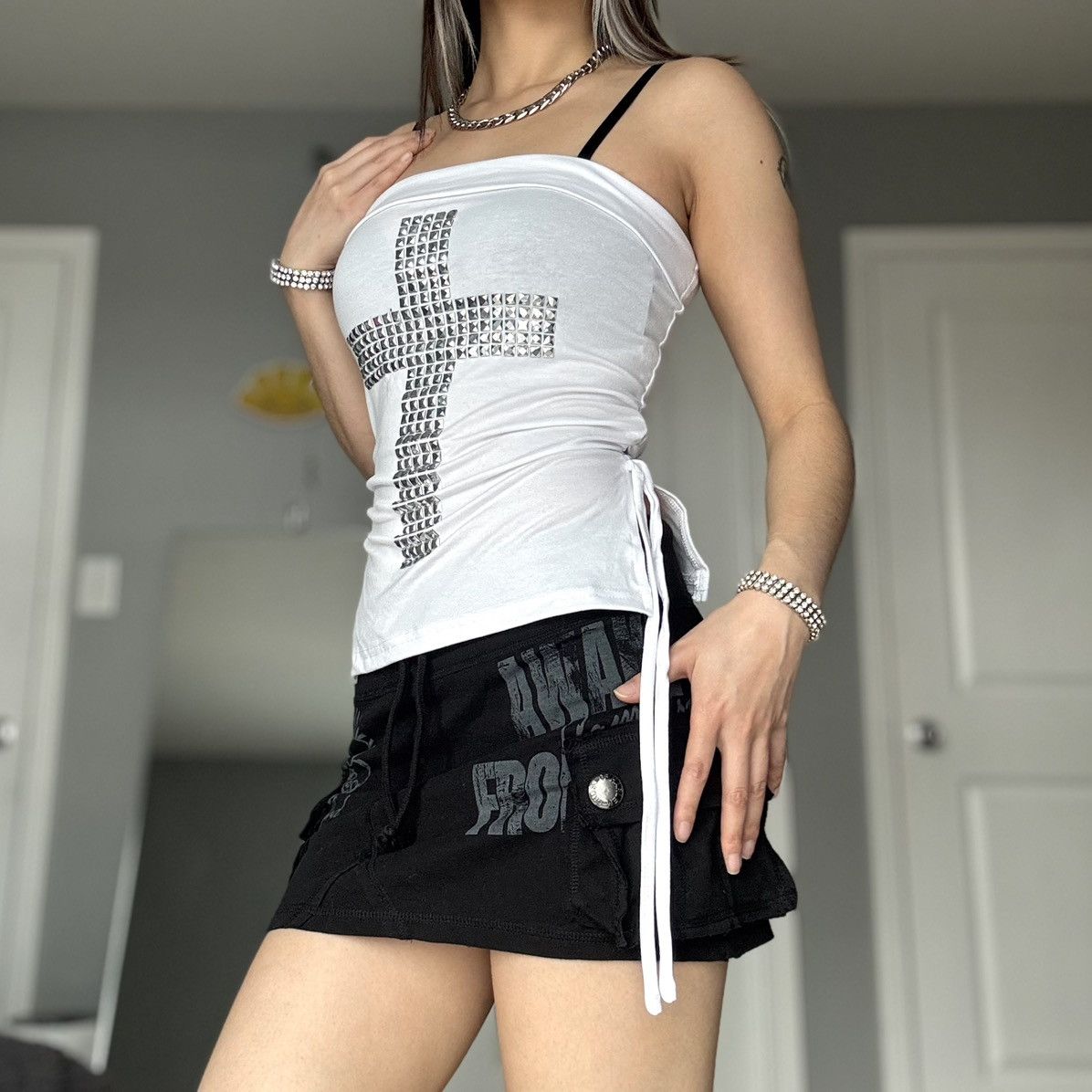 Other Y2K White & Silver Studded Cross Strapless Fold Over Top Size S / US 4 / IT 40 - 6 Thumbnail