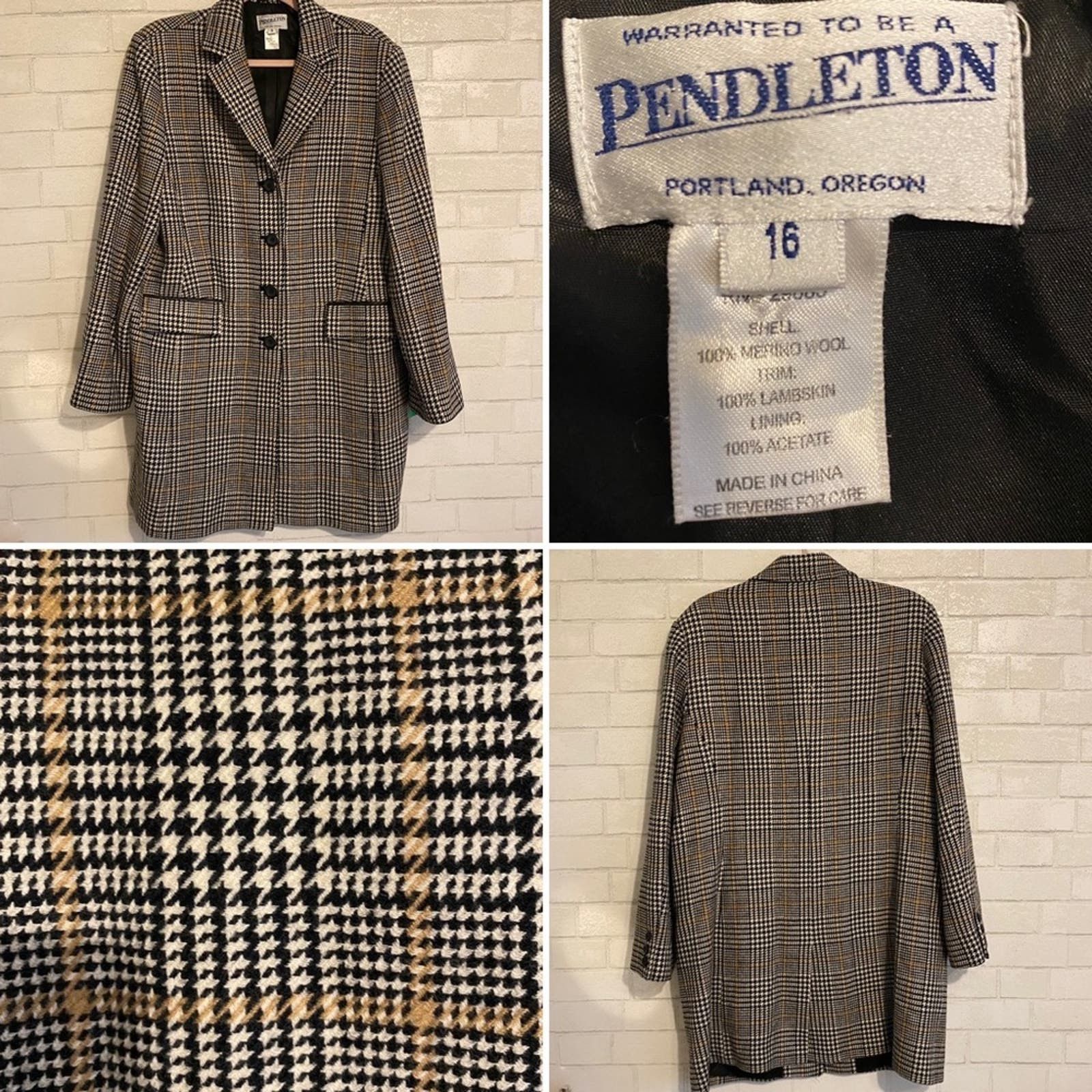 image of Pendleton $268 Women’S 16 Blk Houndstooth 100% Wool Coat in Cream, Women's (Size 2XL)