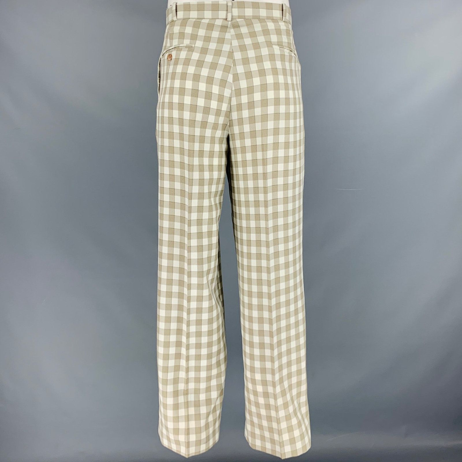 Other Cream Taupe Checkered Polyester Wide Leg Pleated Dress Pants Size US 34 / EU 50 - 2 Thumbnail