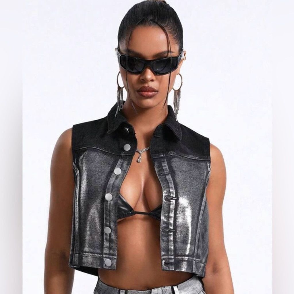 Other Cropped Denim Vest Jacket in Black & Silver Size (8/10) L Size M / US 6-8 / IT 42-44 - 4 Thumbnail