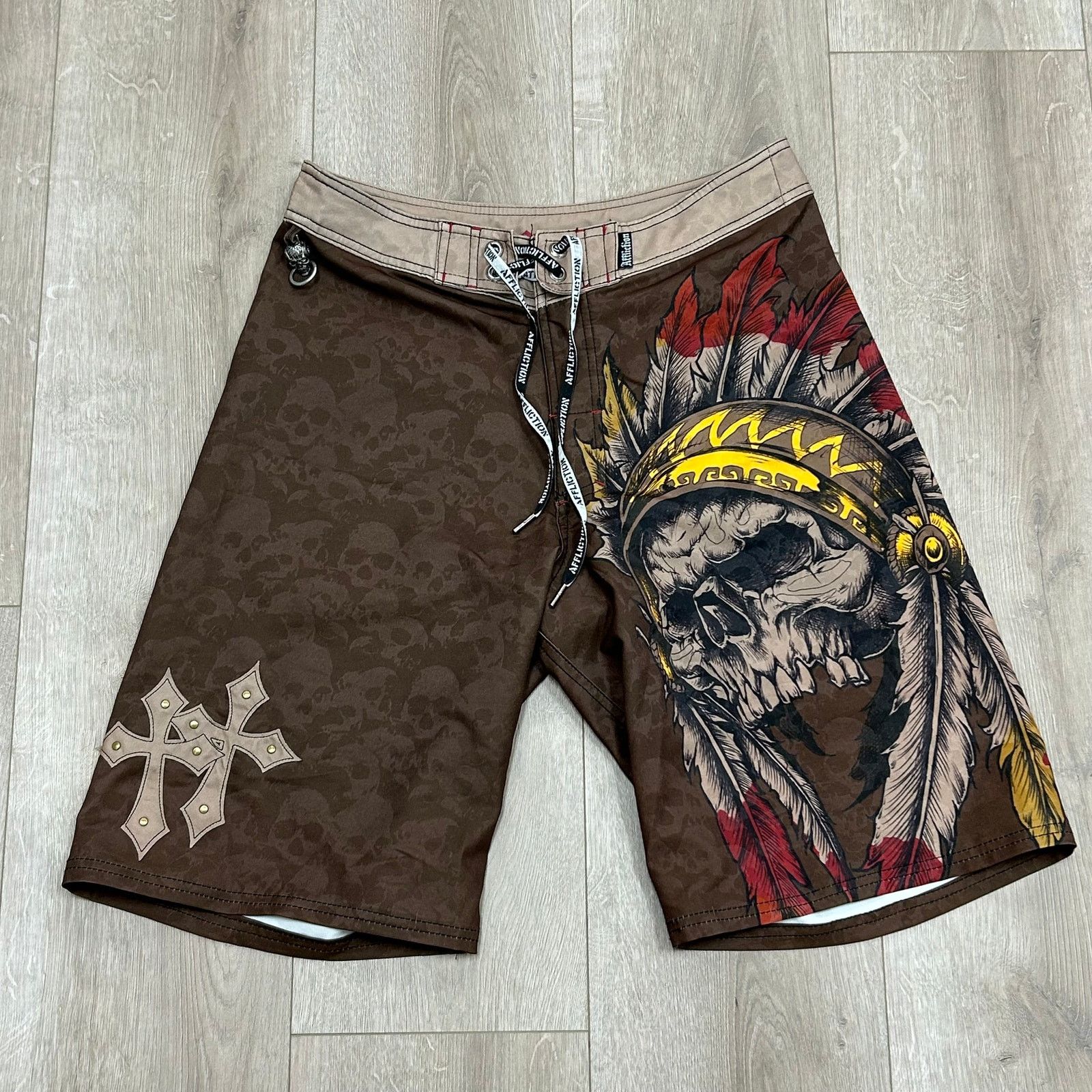 Affliction Affliction Brown Skull Cross Board Shorts Trunks Size 32 Size US 32 / EU 48 - 1 Thumbnail
