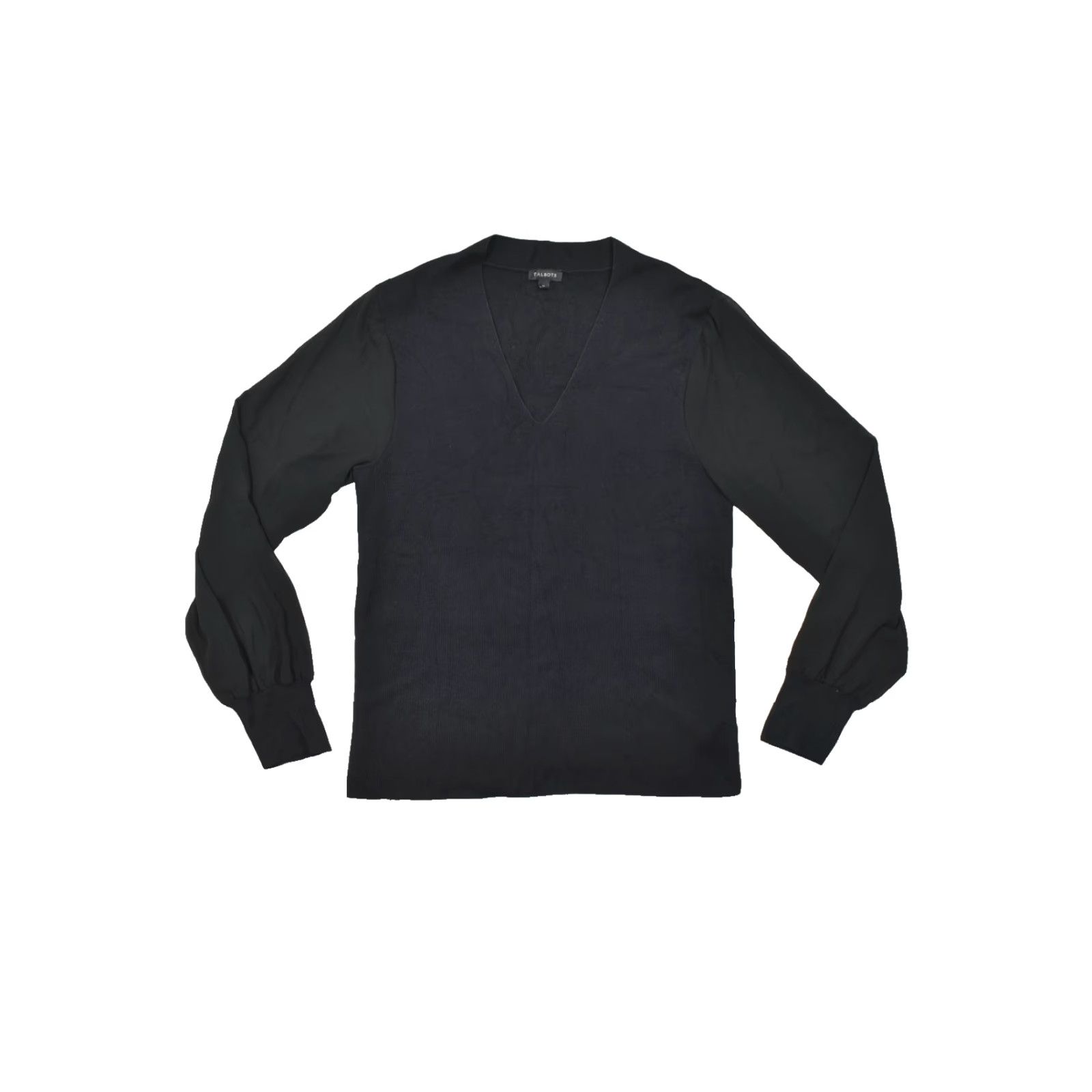 Talbots Talbots Women's M Black V-Neck Knit Sweater Pullover Long Sleeve Bishop Sheer Chiffon Casual Winter Fall Spring Knit Cotton Solid Size M / US 6-8 / IT 42-44 - 2 Thumbnail