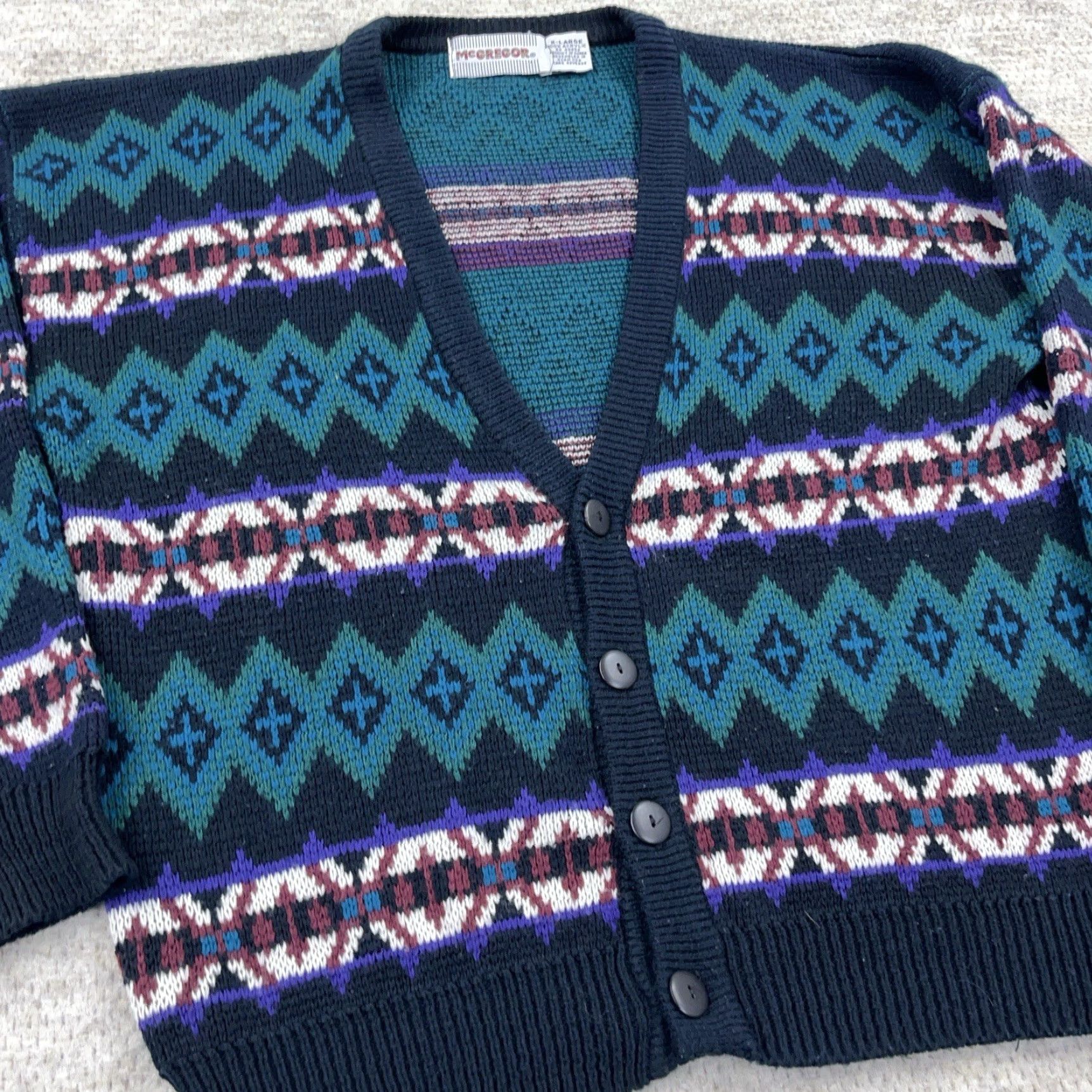 McGregor VINTAGE McGregor Cardigan Sweater Men XL Black Green Knit 80s 90s Biggie Cosby Size US XL / EU 56 / 4 - 2 Thumbnail