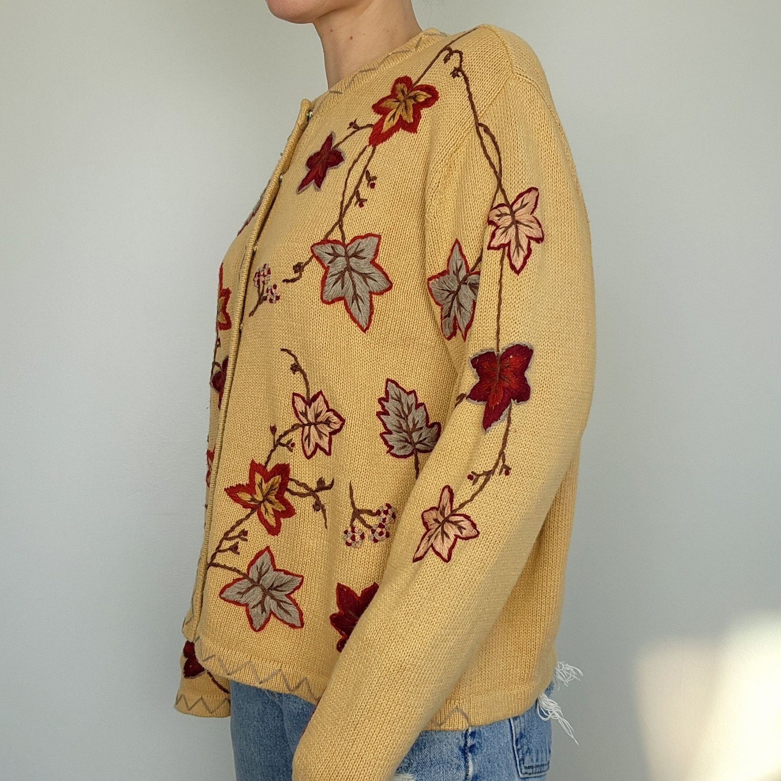 Other Vintage Leaf Cardigan Sweater Embroidered Cotton XL Size XL / US 12-14 / IT 48-50 - 6 Thumbnail