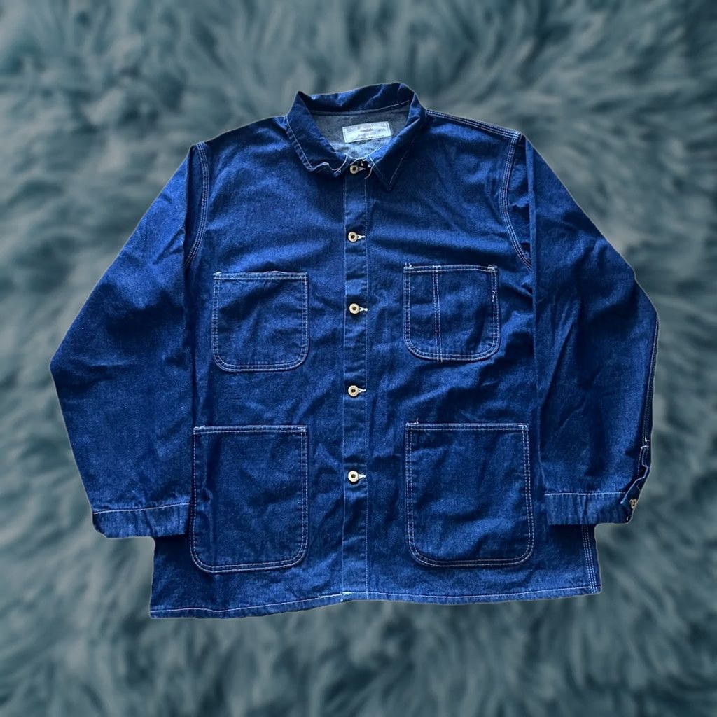 Vintage VINTAGE 60s Universal Overall Stone Cutter Jacket Mens 50 Chore Coat Sanforized Denim Blue Metal Button Pocket Military USA Collared Size US 34 / EU 50 - 1 Thumbnail