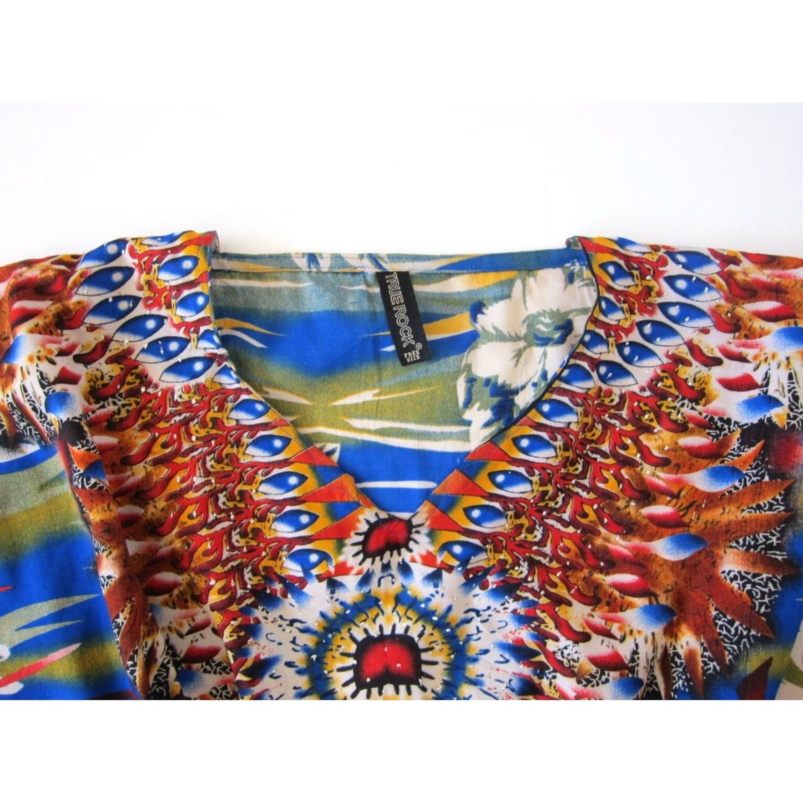 Vintage VINTAGE True Rock Floral Blue Red Green V-Neck Long Maxi Kaftan Tunic Muumuu Dress OS Dress for Women Size ONE SIZE - 5 Thumbnail