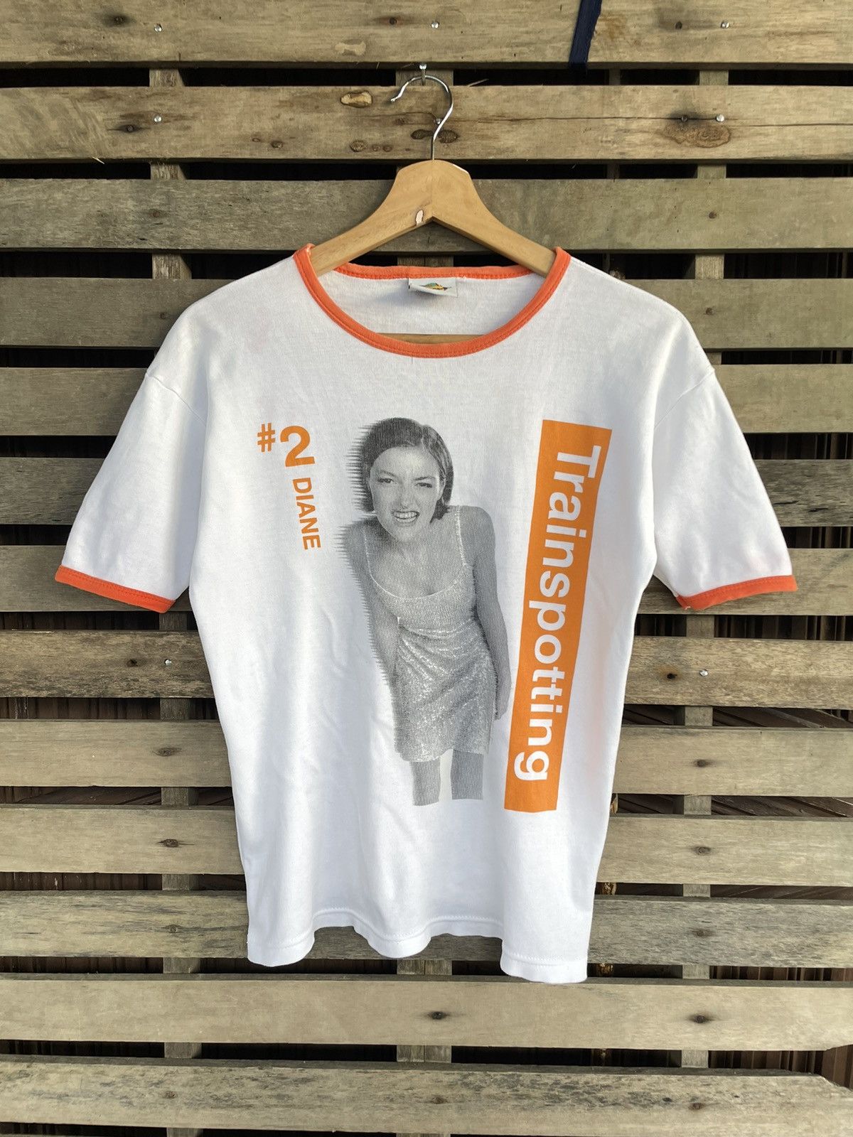 image of 90's Vintage Trainspotting Movie Diane Photo Tshirt in White/Orange, Women's (Size Small)