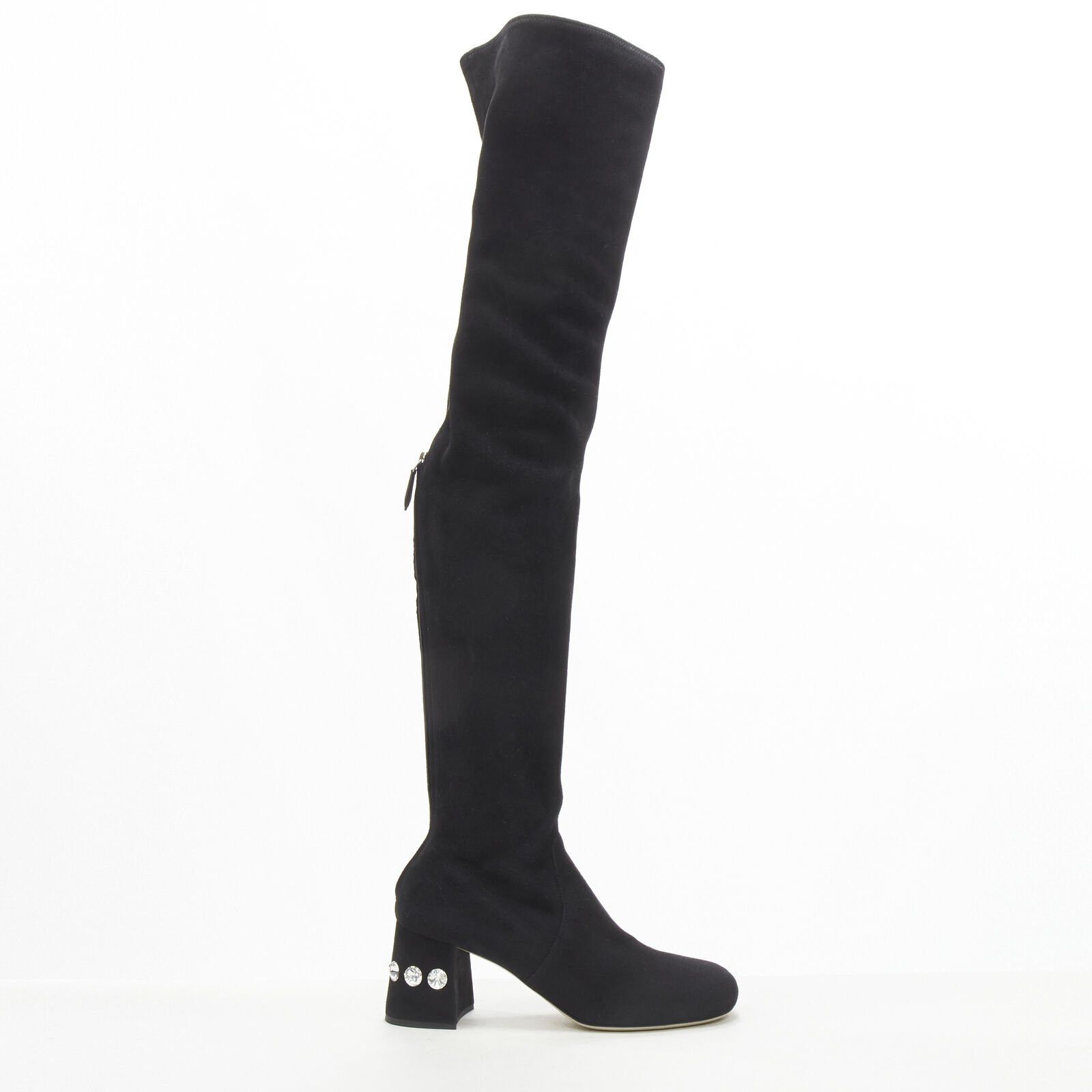 Miu Miu new MIU MIU black suede jewelled crystal heel pull on over knee boot EU37 Size US 7 / IT 37 - 1 Thumbnail