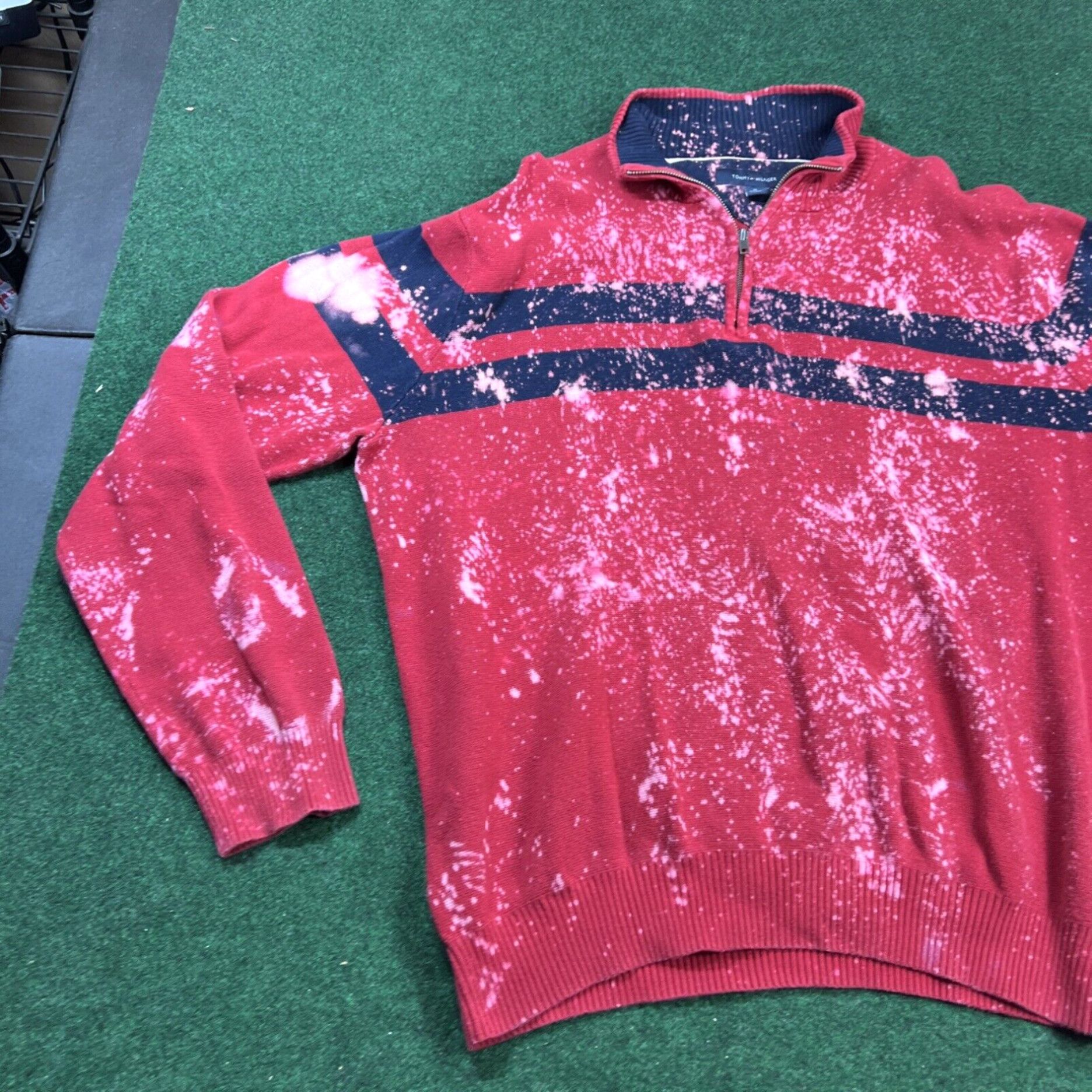 Tommy Hilfiger Custom Bleached Dyed Tommy Hilfiger Logo Red Stripe Quarter Zip Sweater Men's XL Size US XL / EU 56 / 4 - 2 Thumbnail