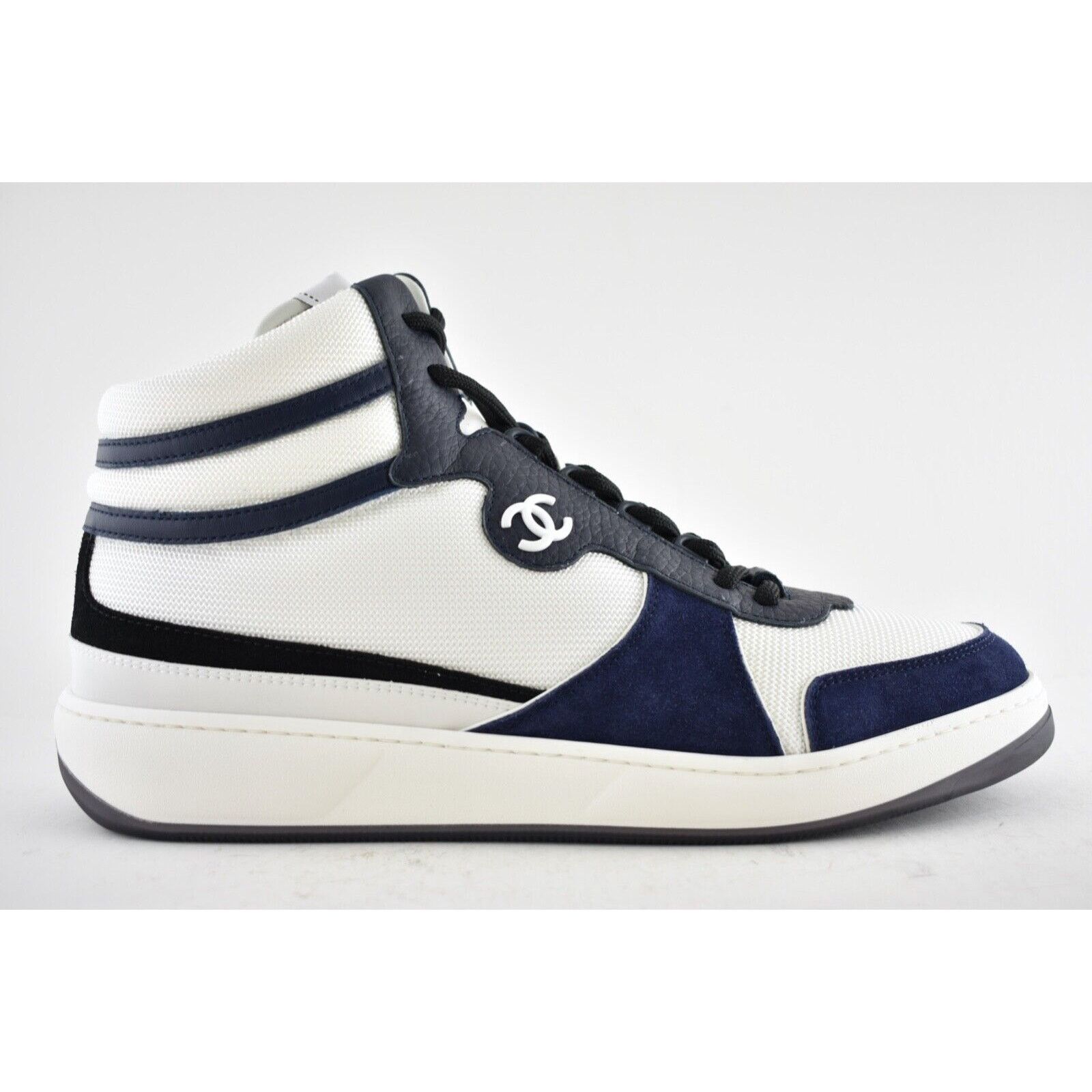 Chanel Blue CC Logo High Top Lace Up Trainer Sneaker 45 12