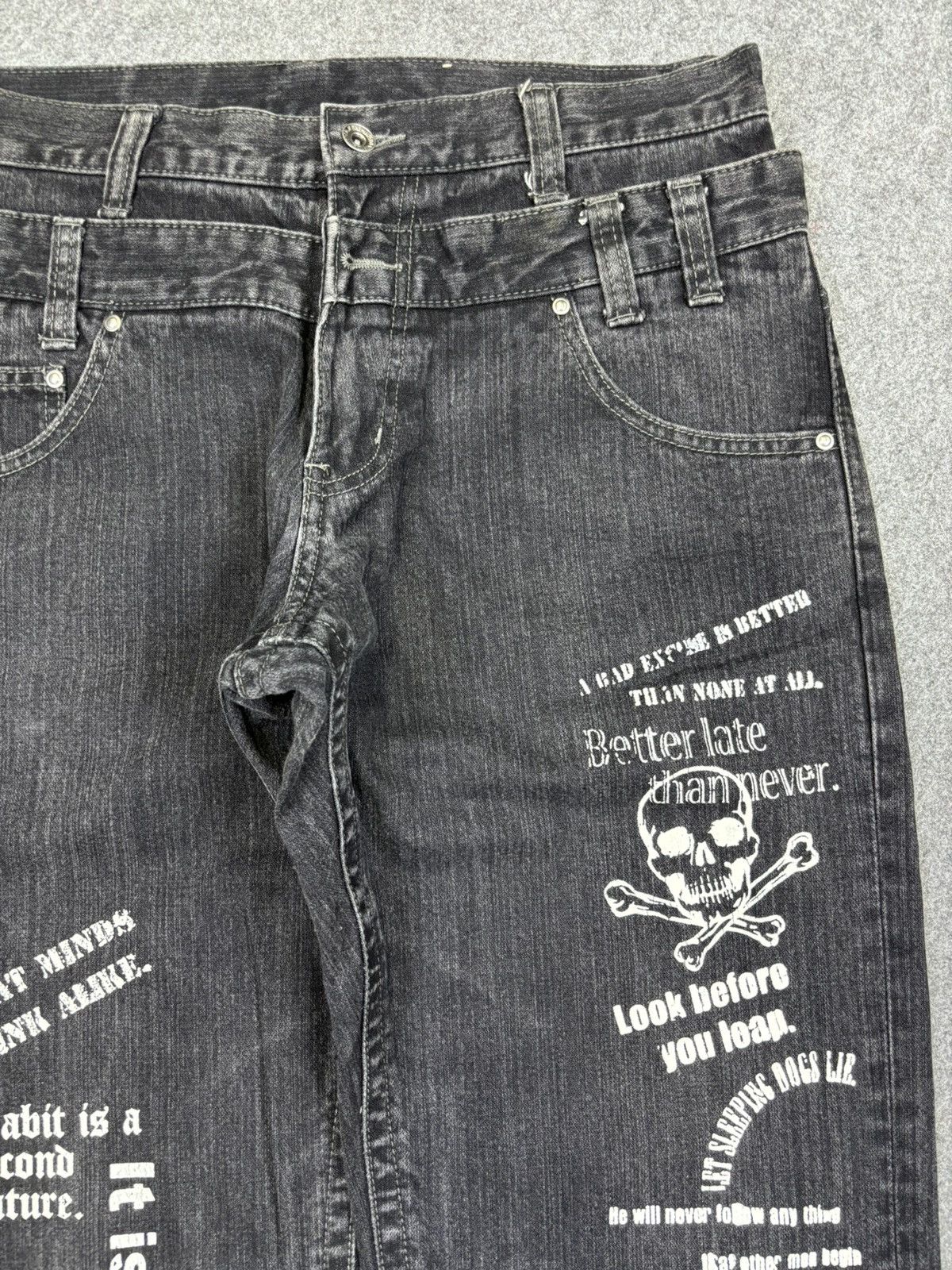 Japanese Brand Double Waist🔥Japanese Moto Skull Poem Junya Punk Denim F745 Size US 32 / EU 48 - 3 Thumbnail