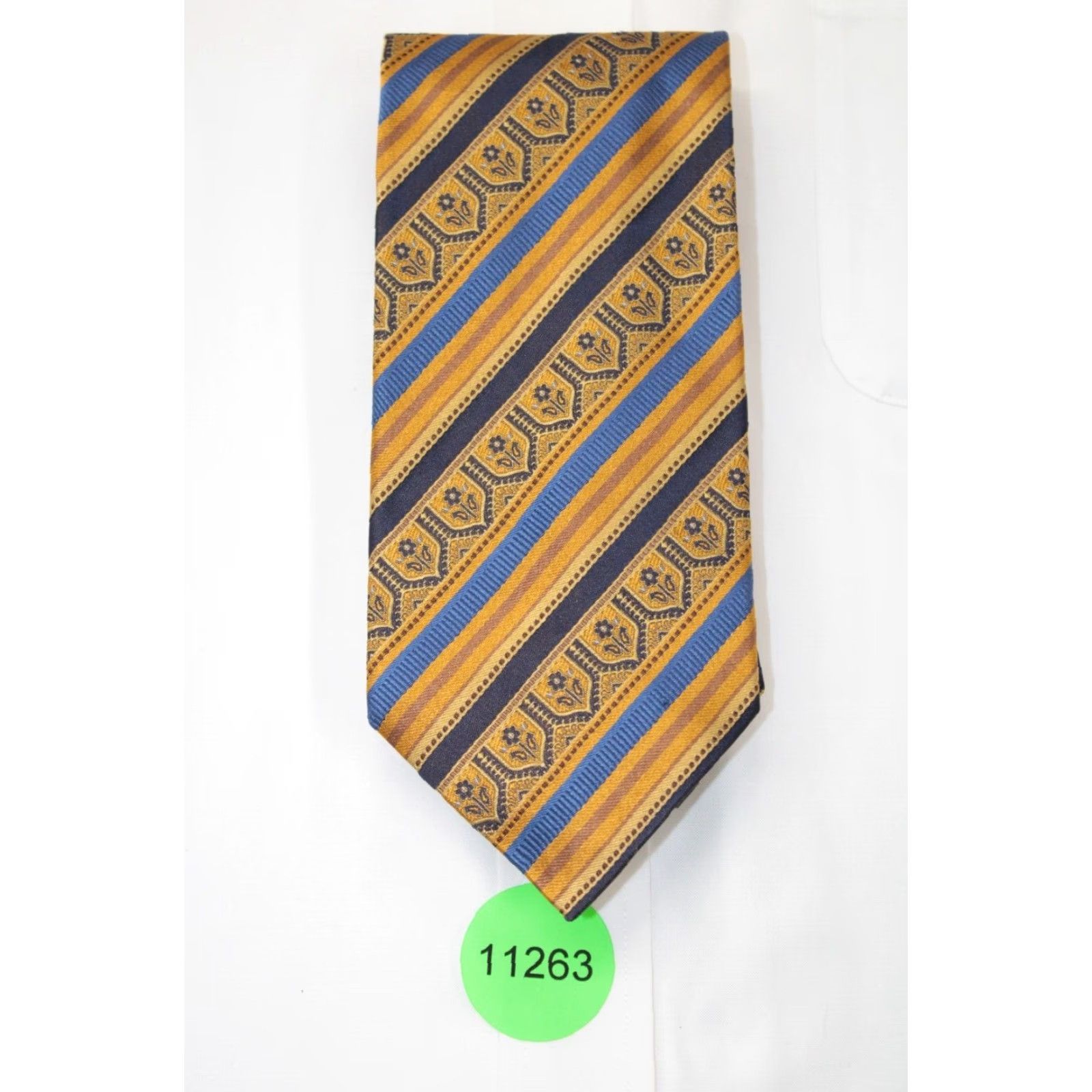 Vintage J.Z. Richards Silk Gold Blue Men's Stripe Geometric Luxury Necktie USA Size ONE SIZE - 5 Thumbnail