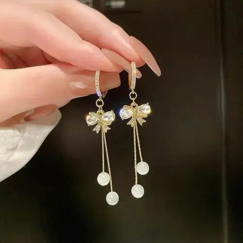 Other Women's Crystal Bow Tassel Dangle Drop Hoop Earrings Size ONE SIZE - 3 Thumbnail