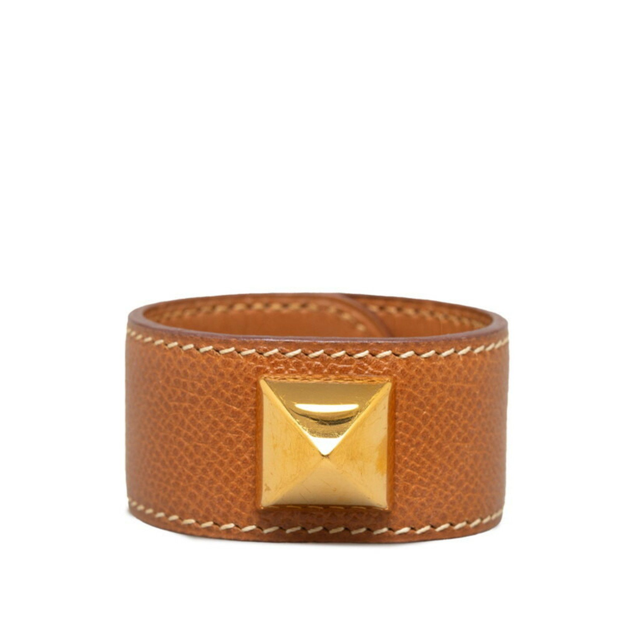 image of Hermes Medor Bracelet Bangle Brown Gold Leather Plated Women's Hermes
