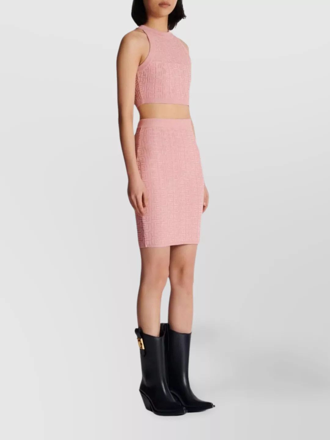 Balmain o1s1wg110725 Monogram Pattern Knit Skirt in Pink Size 28" / US 6 / IT 42 - 2 Thumbnail