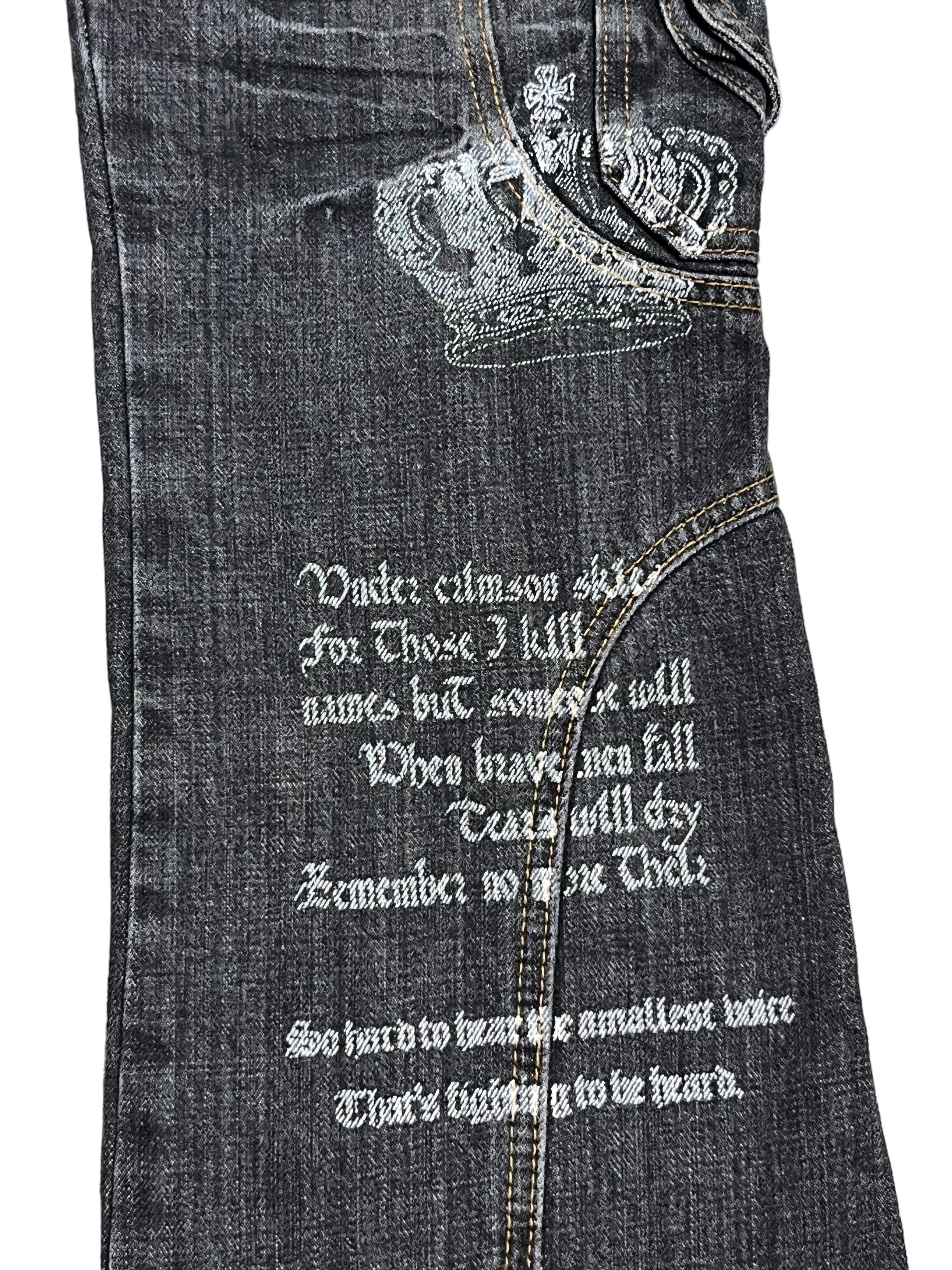 Japanese Brand 🔥EVOLUTION Retro Punk Poems Multipocket Flare Denim Jeans Size US 31 - 14 Thumbnail