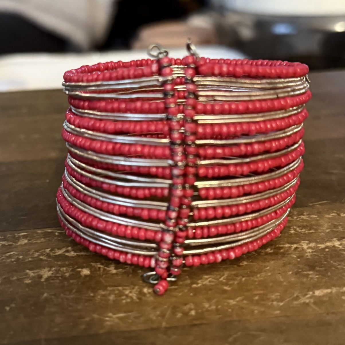 Other Red and silver beaded wide cuff bracelet Size ONE SIZE - 4 Thumbnail
