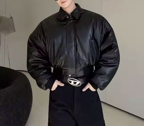 Japanese Brand CROPPED Vegan Leather Bomber Jacket - Boxy Streetwear Puffer Size US L / EU 52-54 / 3 - 2 Thumbnail
