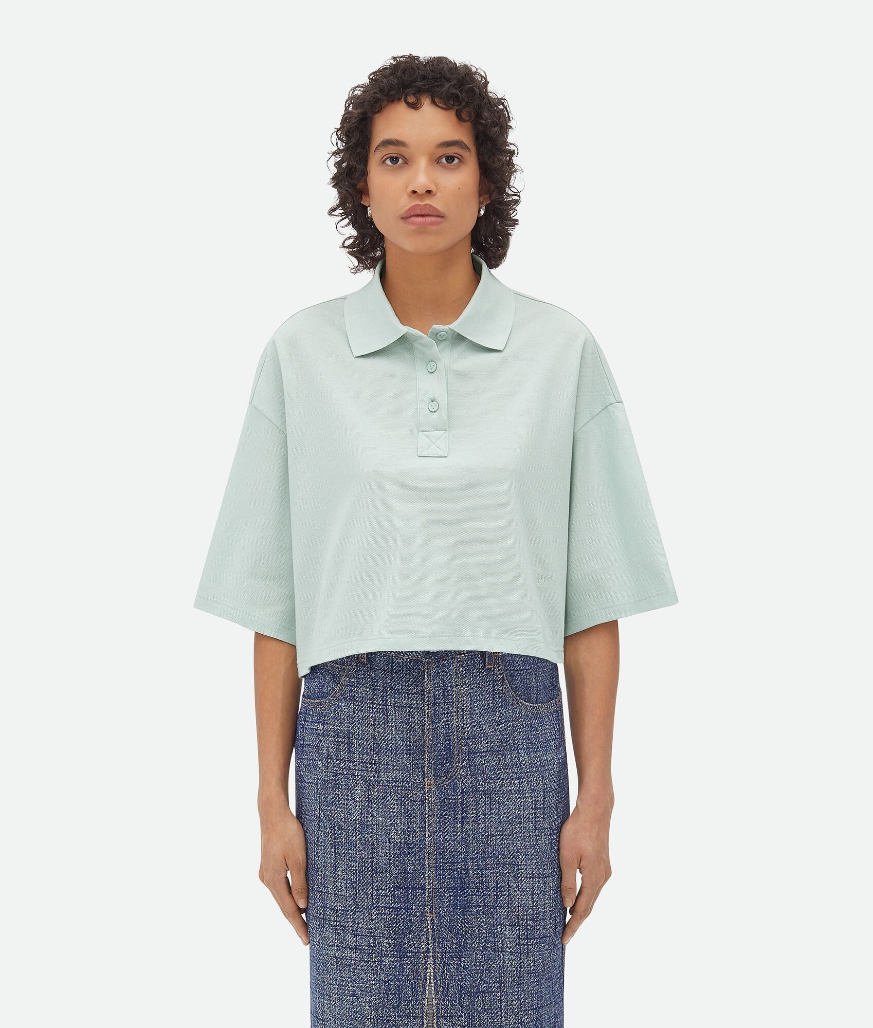 Bottega Veneta o1n1vont1224 Cropped Cotton Piquet Polo Shirt in Light Cyan Size M / US 6-8 / IT 42-44 - 1 Thumbnail