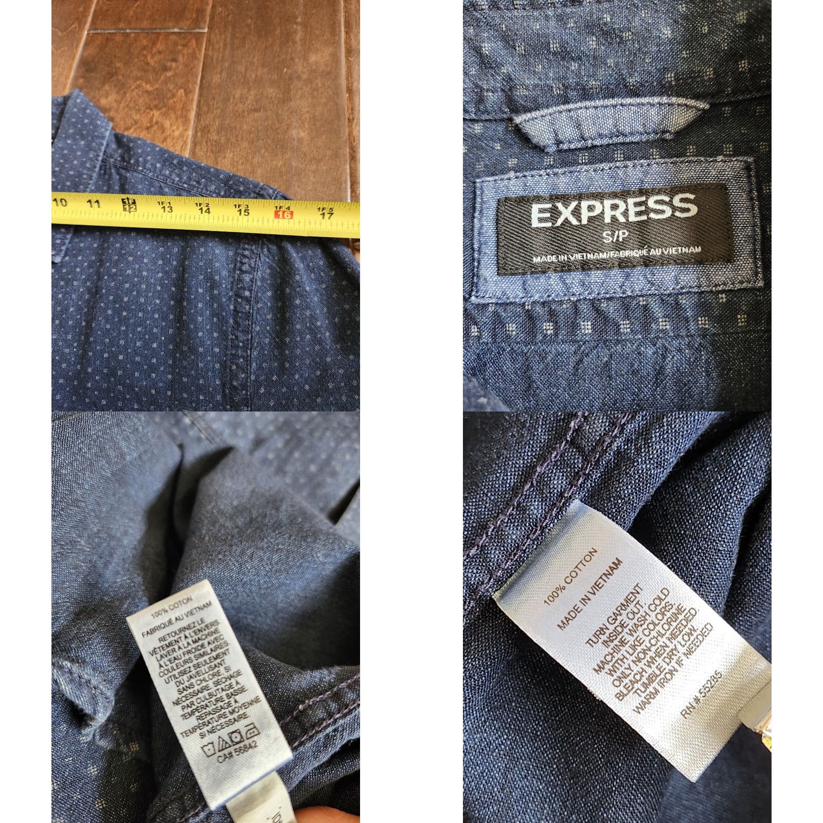 Express Express Shirt Blue Long Sleeve Button Dress Shirt S/P Mens Regular 100% Cotton Solid Collared Size 36R - 9 Thumbnail