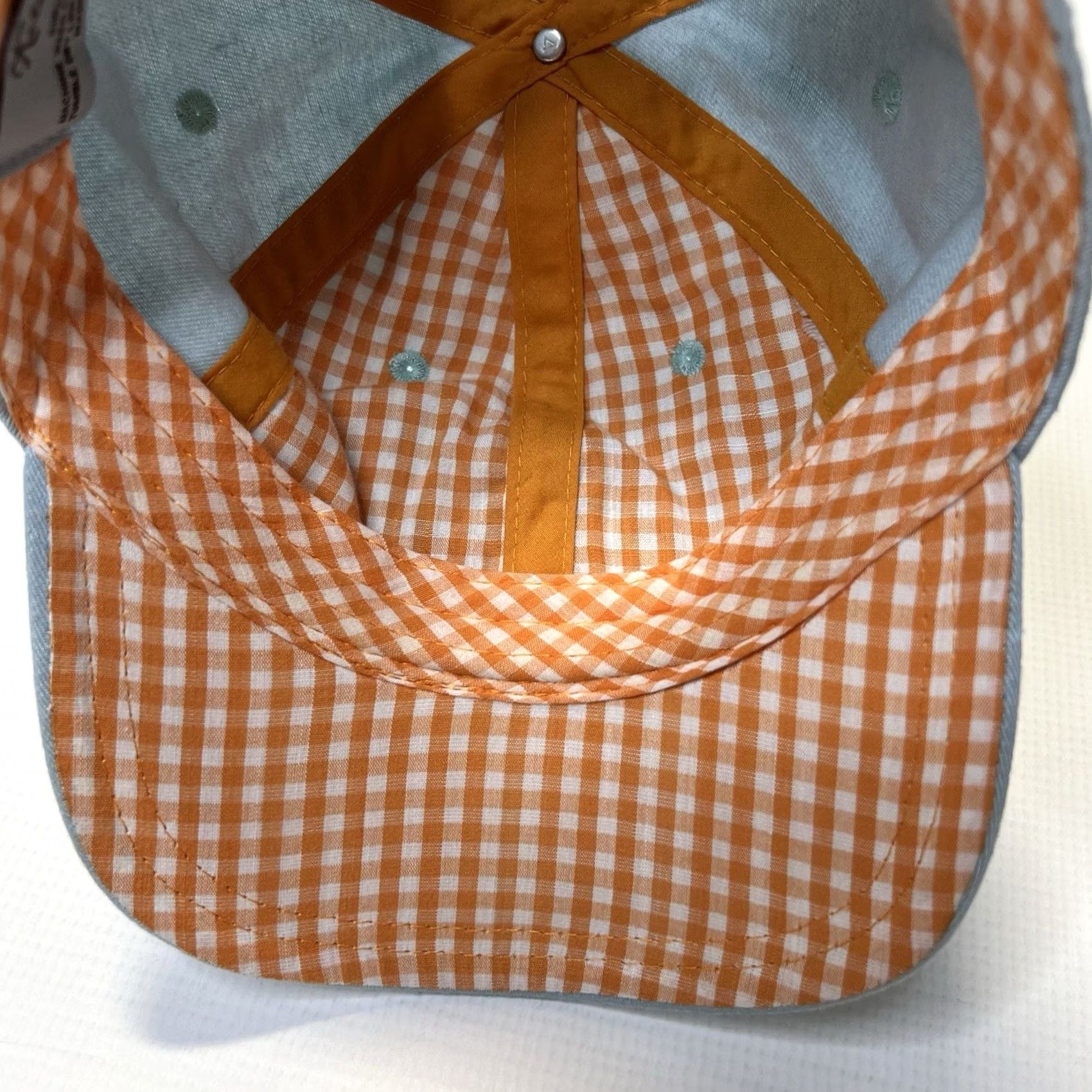 Vintage Kate Landry Hat Baseball Cap Blue Embroidered Orange Fish Adjustable Strap Women One Size Beach Nautical 80s 90s Boating Plaid Pattern Size ONE SIZE - 6 Thumbnail