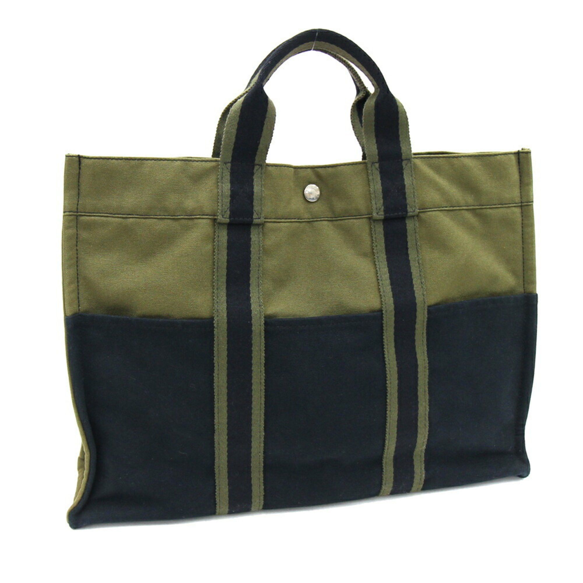 image of Hermes Handbag Foult Tote Mm Olive Navy Cotton Canvas Men's Women's Bag Green Hermes