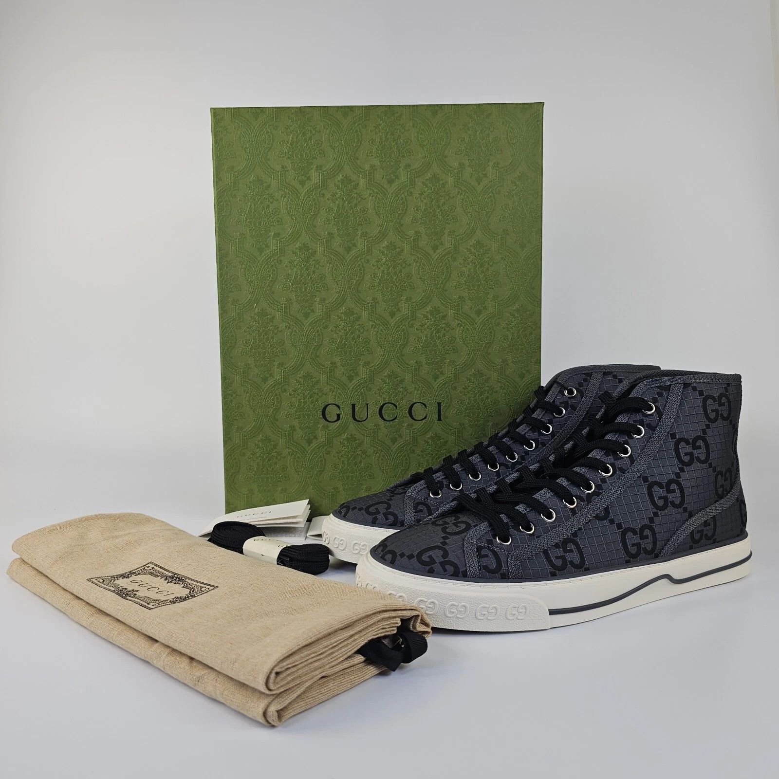 GUCCI Tennis 1977 Men's Black/Gray GG High Top Sneakers New