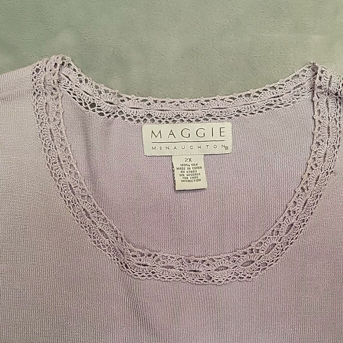 Vintage VINTAGE Maggie McNaughton Blouse Womens 2X Purple Silk Crochet Trim Short Sleeve Top Size XXL / US 16-18 / IT 52-54 - 4 Thumbnail