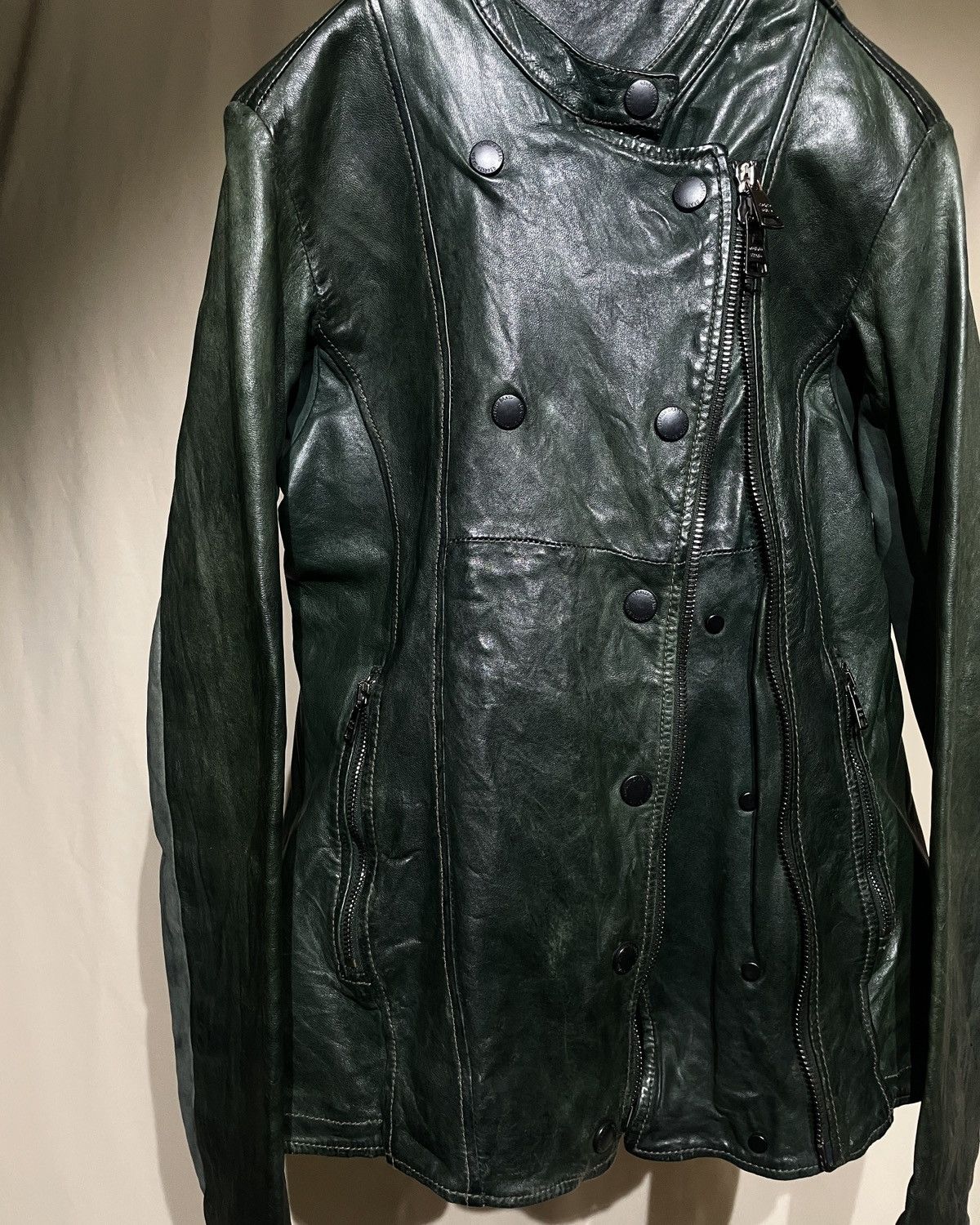 Giorgio Brato Giorgio Brato Oxidized Green Asymmetric Snap Leather Jacket Size S / US 4 / IT 40 - 1 Thumbnail
