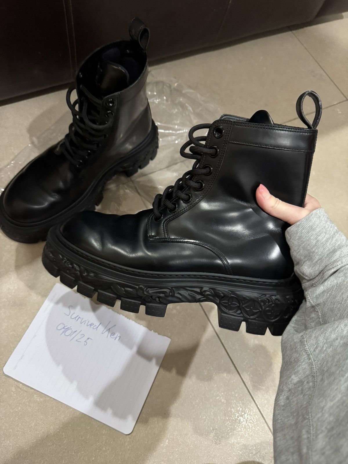 【美品】Louis Vuitton LV Baroque Line Boots Louis Vuitton men's black leather baroque ranger boots