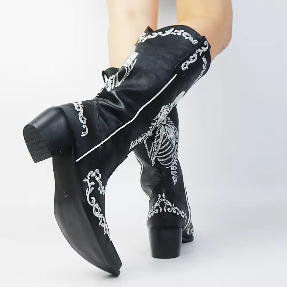 Vintage Gothic Punk Embroidered Skeleton Pattern Heel Boots Size US 9 / IT 39 - 3 Thumbnail
